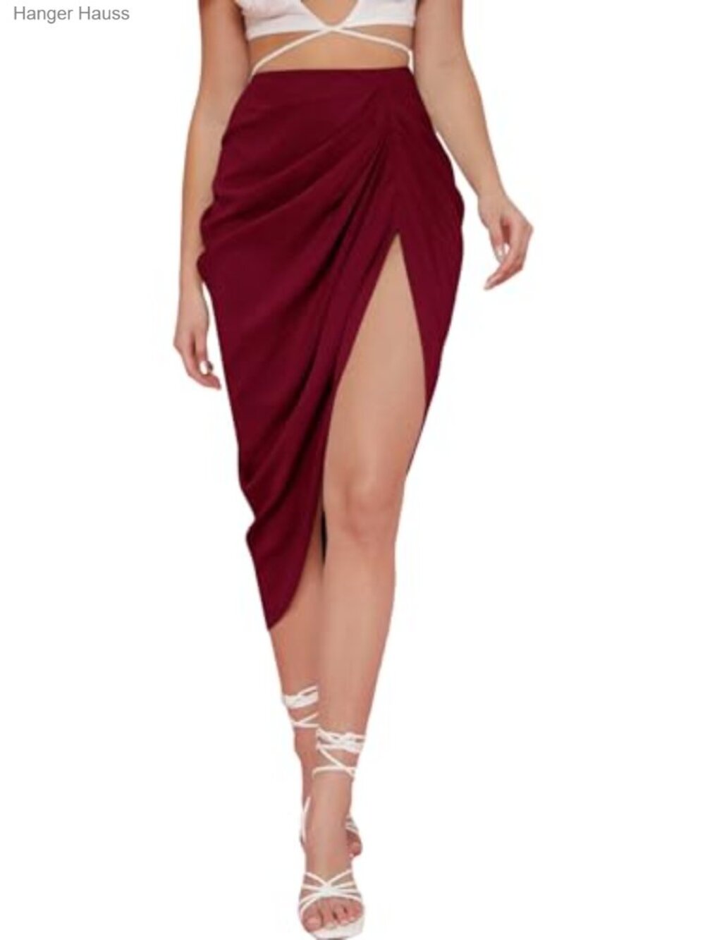 Satin Split Front High Waist Ruched Wrap Bodycon Skirt